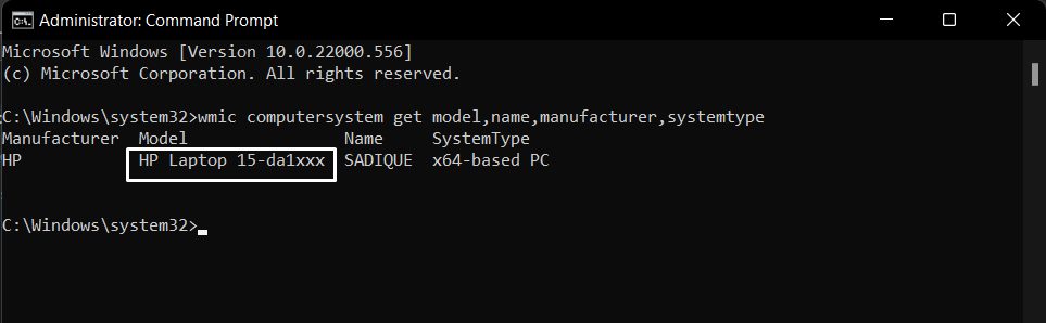 Via command prompt to find model number